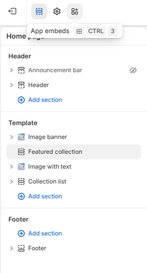 The theme editor sidebar. App embeds is the rightmost of the four icons at the top, above the Header / Template / Footer section list