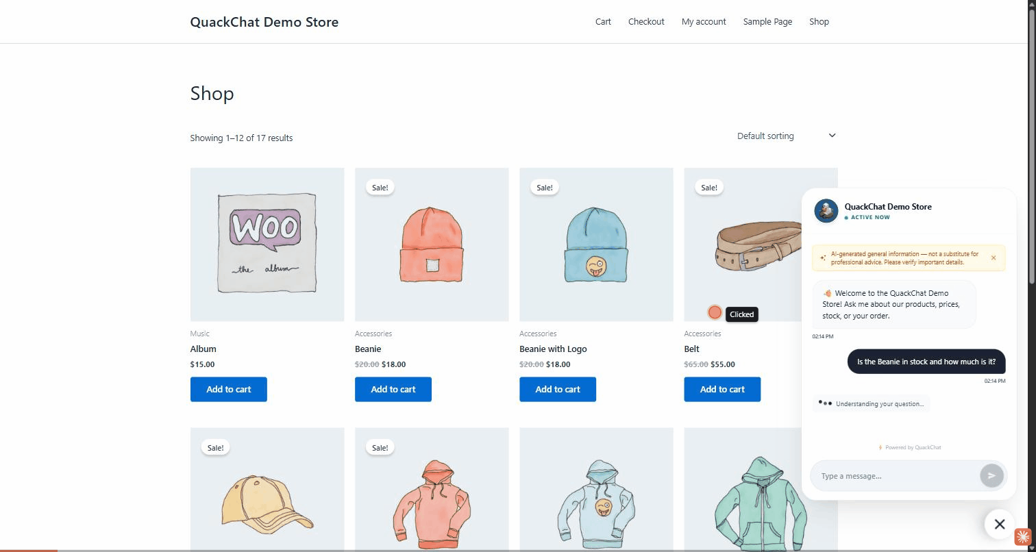 The QuackChat shopping assistant answering a live product question and adding the item to cart on a WooCommerce store, with a free-shipping nudge.
