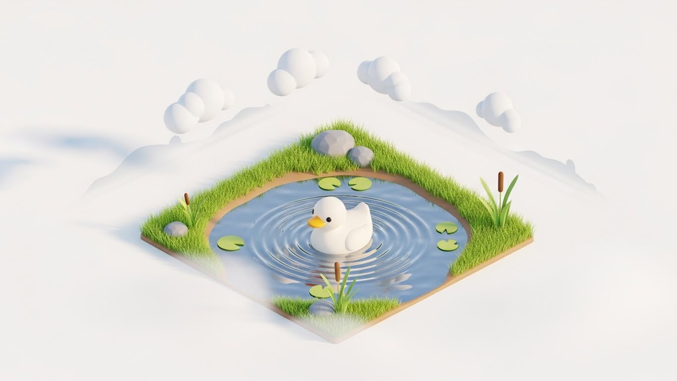 QuackChat - AI Chatbot Duck Mascot floating in a serene pond